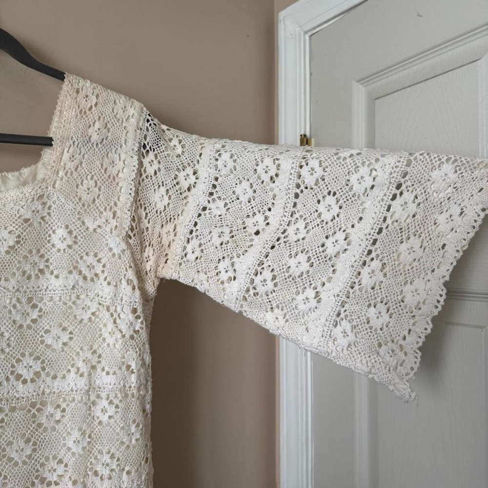 Vintage Mexican Crochet Wedding Dress Medium Cotton 60 70 bell flare bridal - Picture 4 of 8